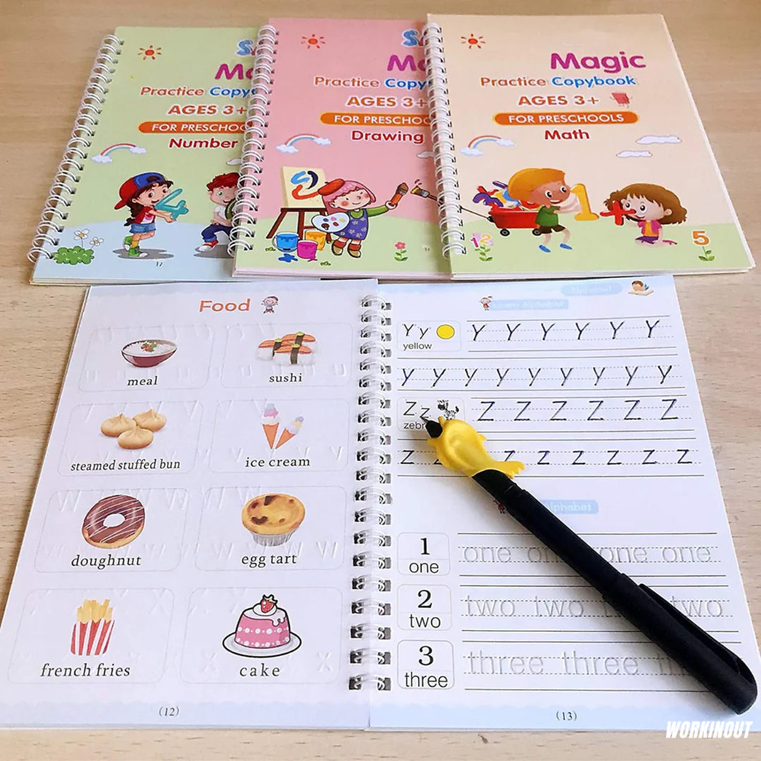 Kids Magic Practice Book For Learning & Growth (4 Books + 1 Pen + 1 Grip + 10 Refill)